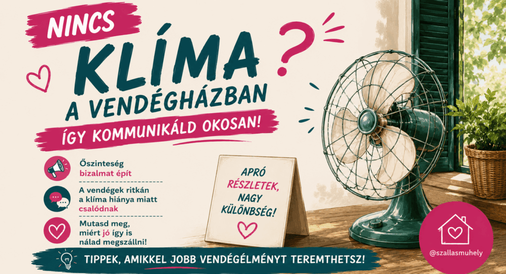 Figyelemfelkeltő illusztráció vintage ventilátorral és nyitott ablakkal a vendégházban – tippek a klíma hiányának őszinte kommunikálásához és a vendégbizalom építéséhez